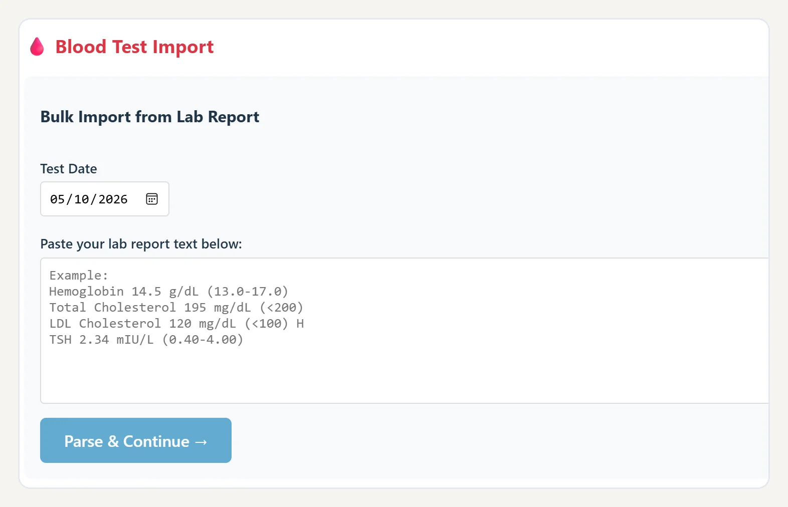 Bulk import screen with a lab report pasted in, ready to parse