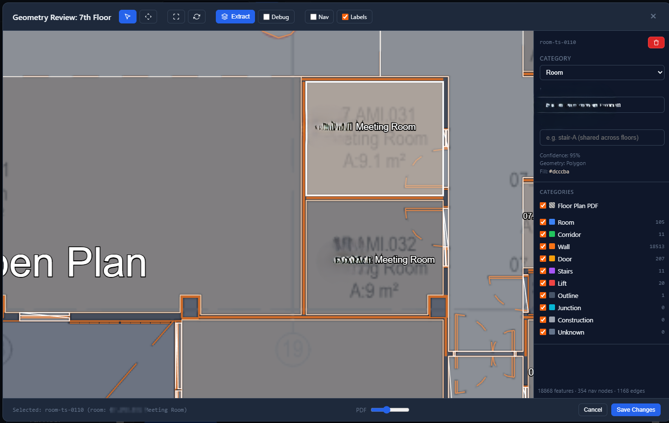 Wayfinder Geometry Review — detected meeting rooms outlined on the plan beside a panel listing 105 rooms, 207 doors, 11 stairs and 20 lifts