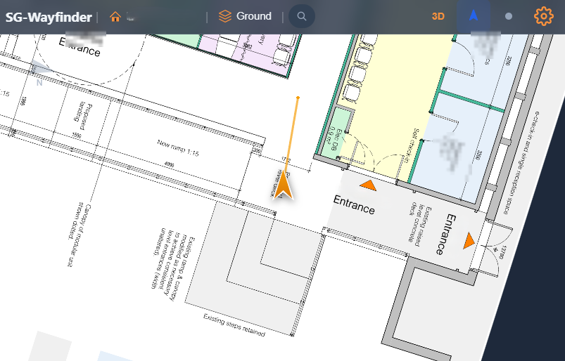 Wayfinder viewer — a ground floor plan with an orange position arrow and heading indicator, zoomed in on the entrances