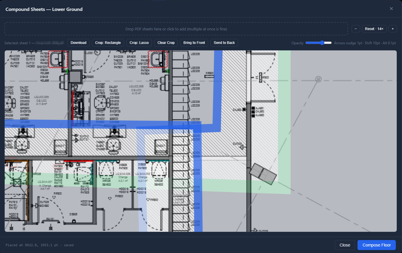 Wayfinder Compound Sheets — several overlapping PDF sheets being aligned and cropped into a single lower ground floorplan